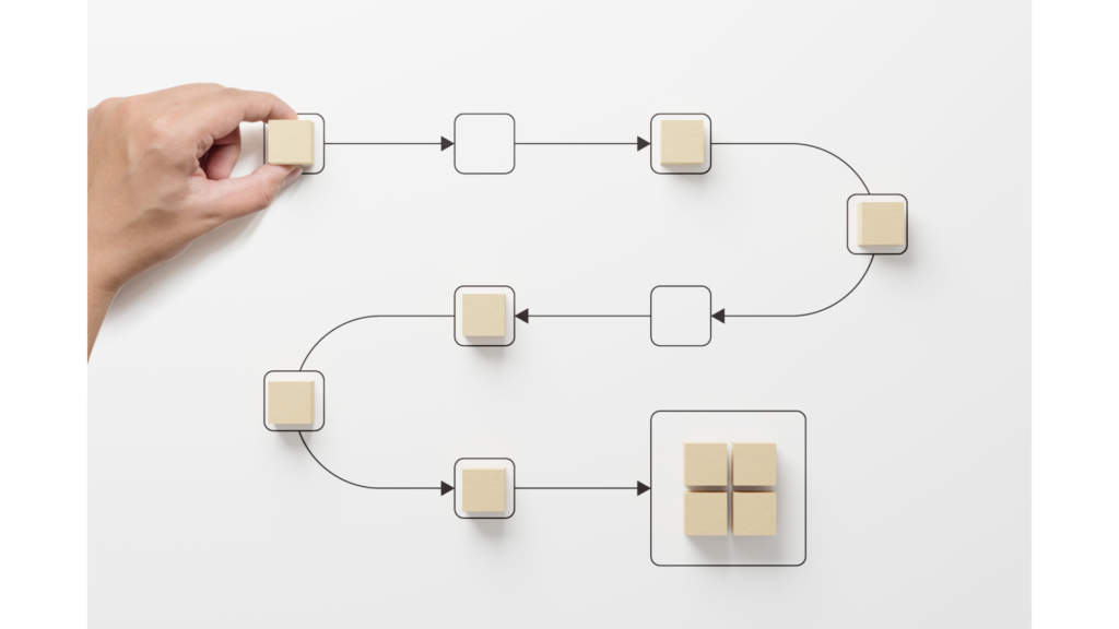 木のブロックを矢印の経路に沿って並べる手元