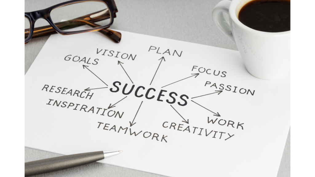 「SUCCESS」から目標や計画へ矢印が伸びる手書きの図