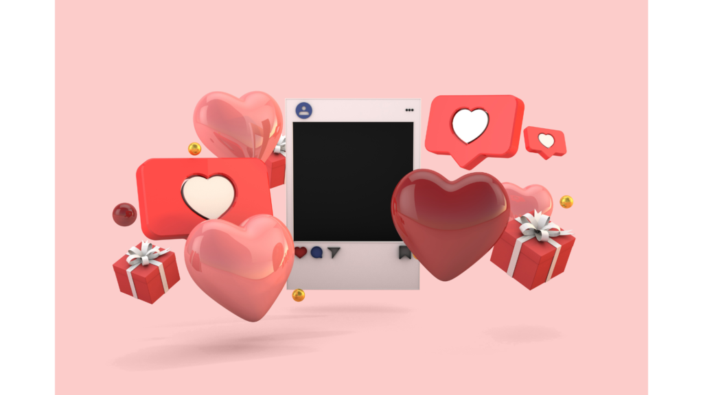 ハートやギフトに囲まれたInstagram投稿枠の3Dイラスト