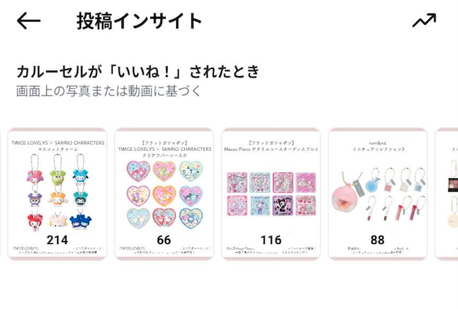 カルーセル投稿ごとのいいね数が並ぶ投稿インサイト画面