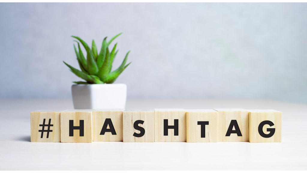 積み木で#HASHTAGと並べた文字と観葉植物
